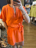 Orange Belted Split Neck Dress