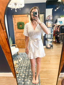 White Lace Faux Wrap Mini Dress