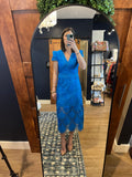 Blue Embroidered Lace Midi Dress