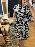 Black Floral Print Cap Sleeve Jersey Dress