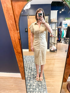 Tan Ruched Button Dress