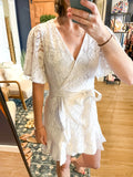 White Lace Faux Wrap Mini Dress