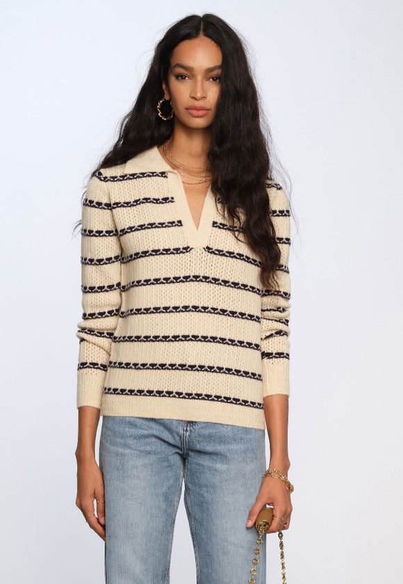 Ivory & Navy Striped Collared Sweater