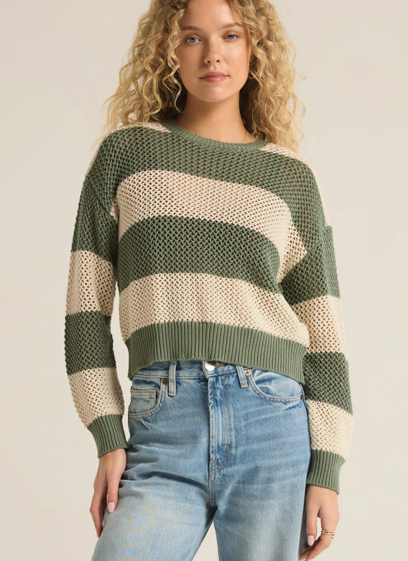 Green Striped Open Knit Sweater